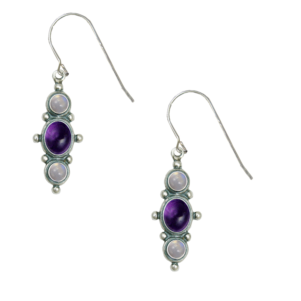 Sterling Silver Drop Dangle Earrings With Amethyst And Rainbow Moonstone